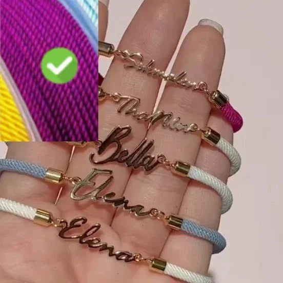 Personalized name bracelets with gold metal lettering and colorful woven cords, adjustable fit.