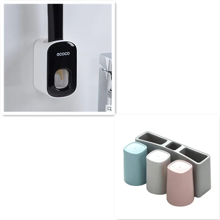 Modern wall-mounted soap dispenser and pastel toothbrush holder set, bathroom accessories