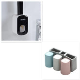 Modern wall-mounted soap dispenser and pastel toothbrush holder set, bathroom accessories