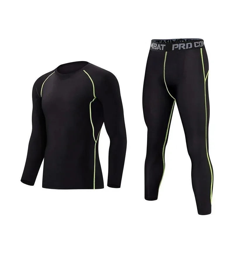 Black compression athletic set with neon green seams, long sleeve top and fitted pants