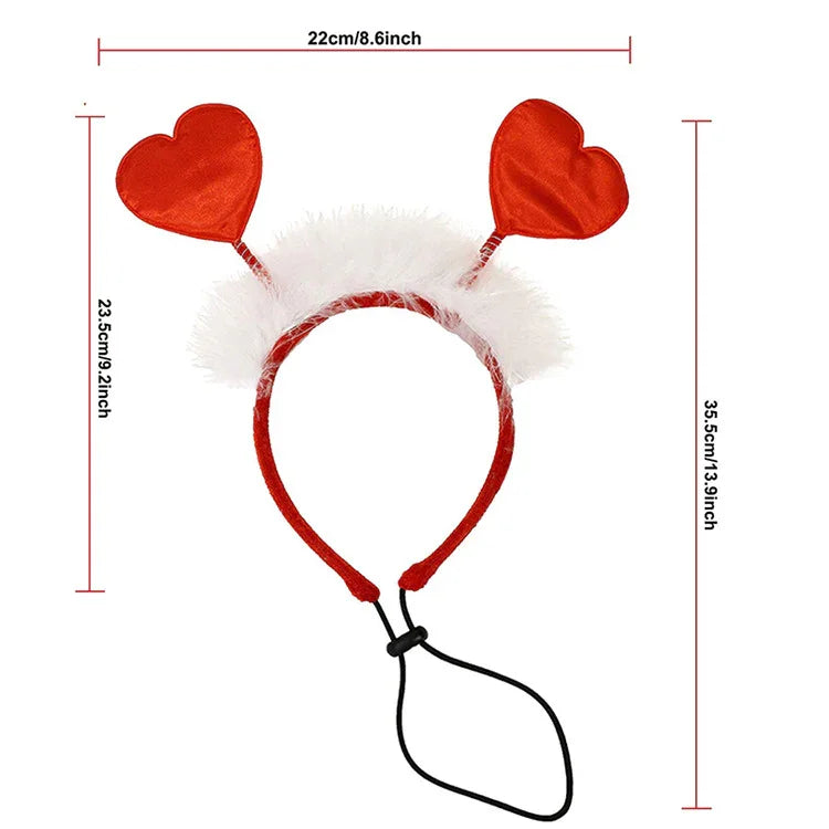 Red heart-shaped headband with white faux fur trim and adjustable black strap, playful festival accessory