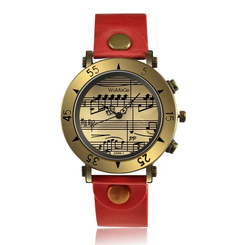 Vintage-style wristwatch with a gold bezel, red leather band, and music note dial design.