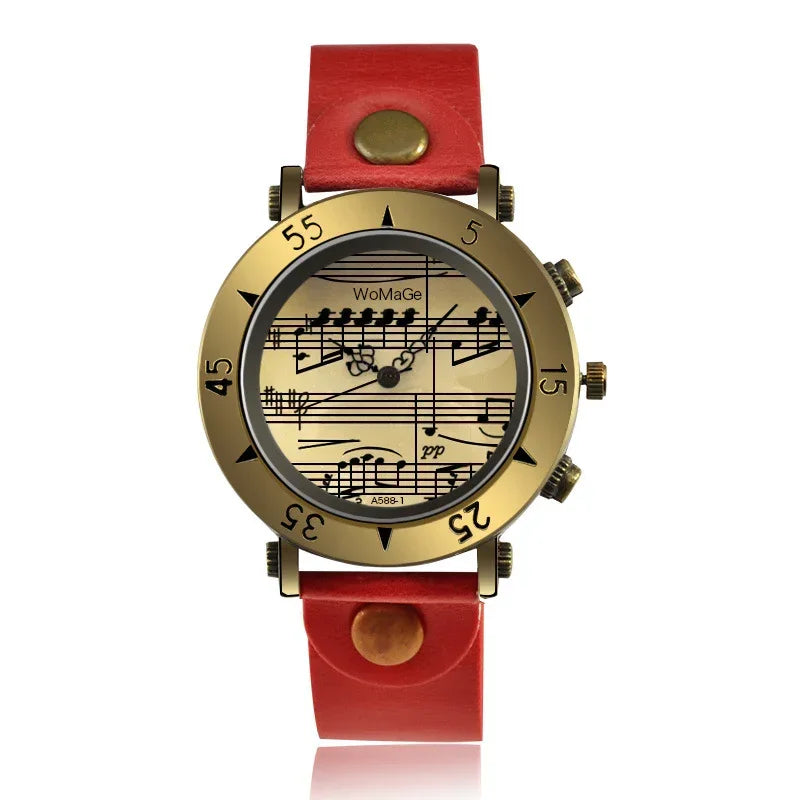 Vintage-style wristwatch with a gold bezel, red leather band, and music note dial design.