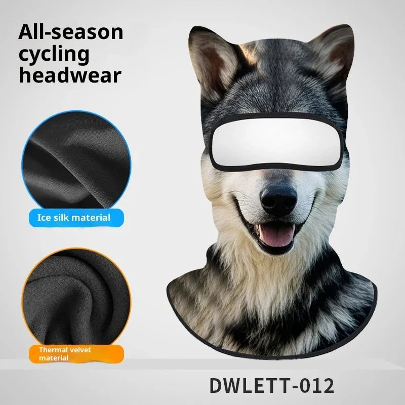Wolf print cycling balaclava with ear details, made from ice silk and thermal velvet, full-face coverage.