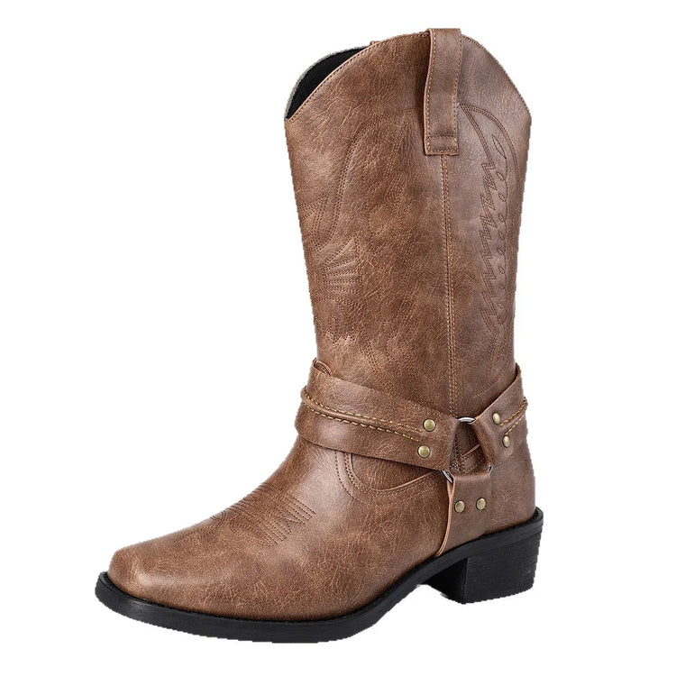 Brown faux leather cowboy boot with stitching detail and harness strap, mid-calf fit