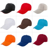 Nine solid color cotton baseball caps with curved brim in black, red, gray, white, brown, blue, orange, navy, and burgundy, casual streetwear style.