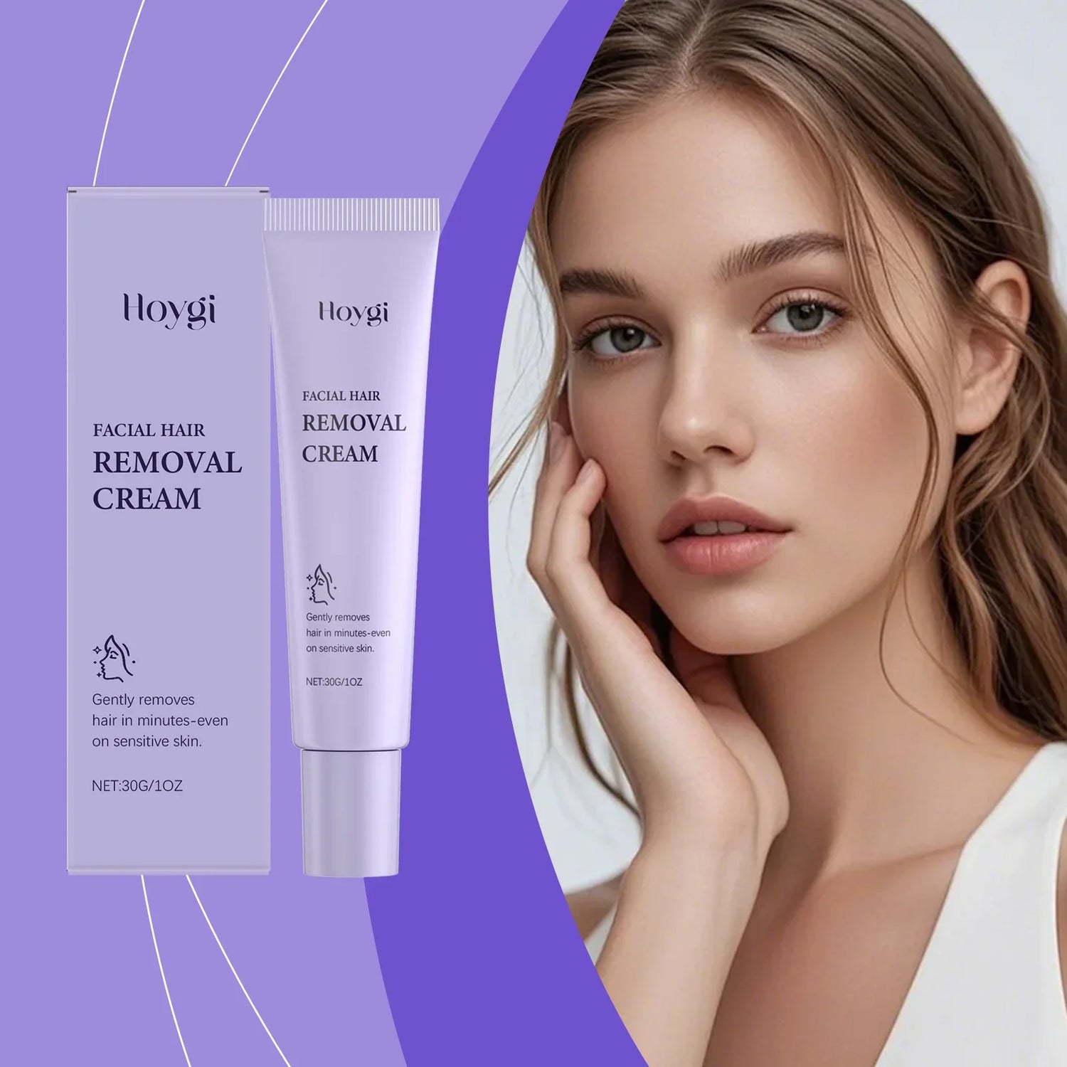Lavender facial hair removal cream tube and box beside woman with smooth, clear skin, minimal makeup
