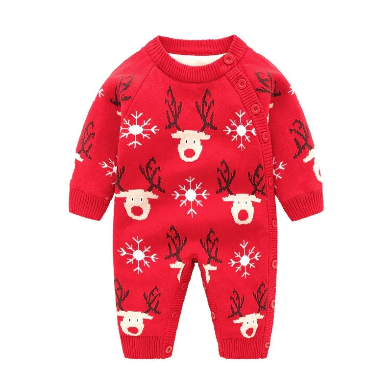 Red knit baby romper with reindeer and snowflake pattern, long sleeves, button front.