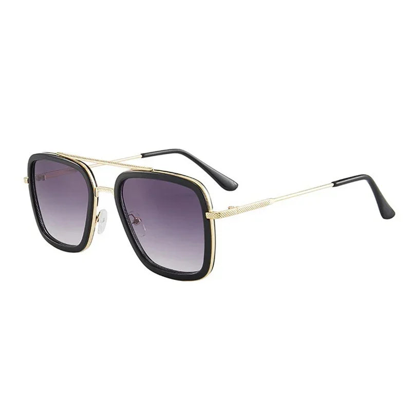 Square oversized sunglasses with black and gold metal frame, gradient lenses, modern streetwear style