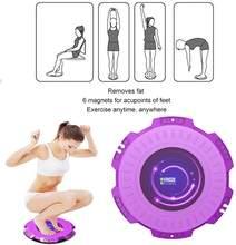 Woman in white sportswear using a purple fitness balance board, with exercise diagrams above.