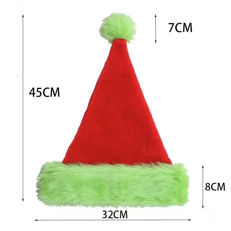 Red and green faux fur Santa hat with pom pom, measurements labeled for width and height