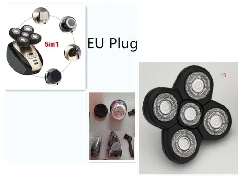 5-in-1 electric rotary shaver with multiple detachable grooming heads, shown in black and silver.