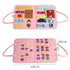 Pink interactive felt busy board with colorful buckles, straps, zippers, and alphabet letters, 44x28cm.