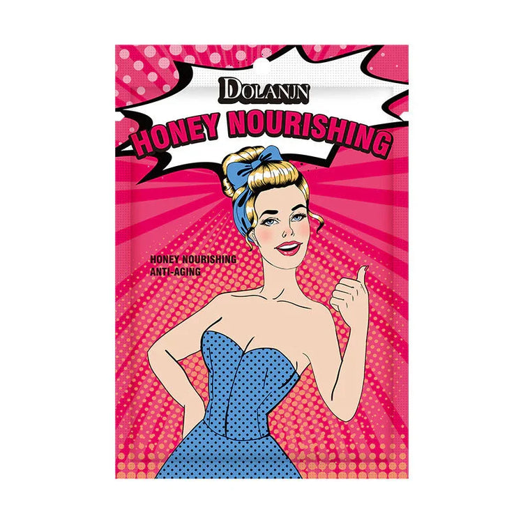 Pop art style woman in a blue polka dot strapless dress with a blue hair bow, pink dotted background.