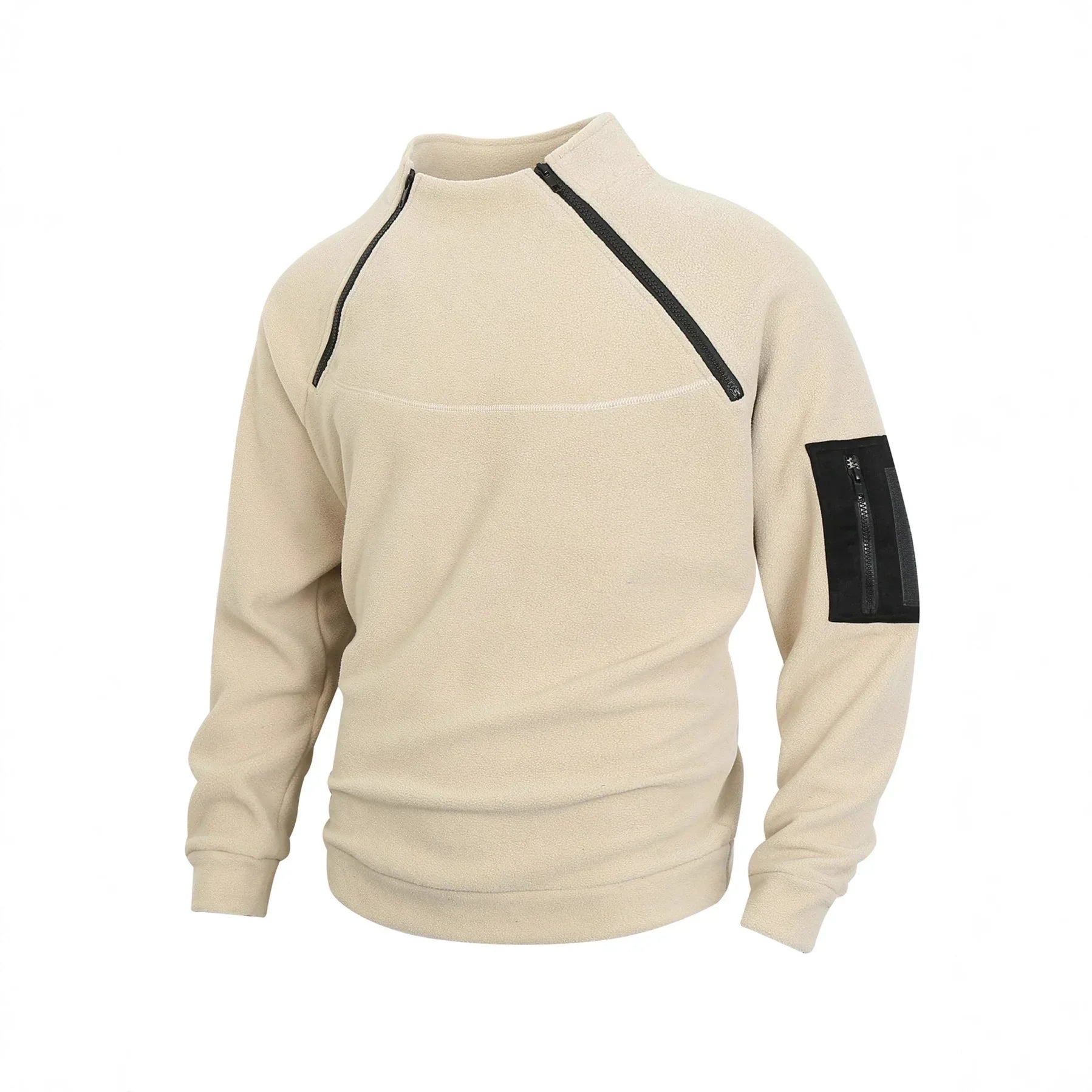 Beige fleece pullover with black zipper accents and arm pocket, relaxed streetwear fit