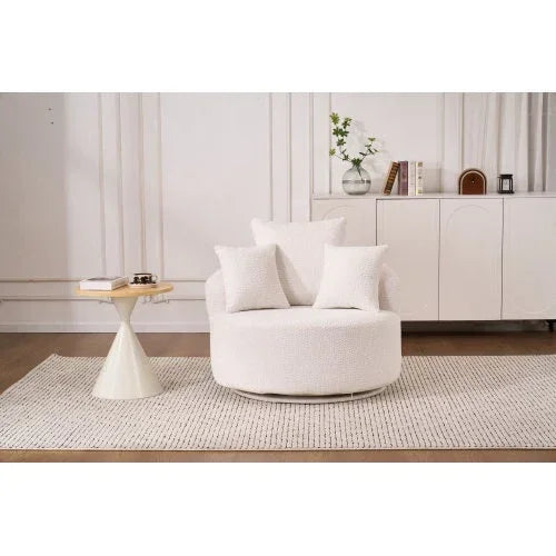 Modern white boucle accent chair with plush cushions, round shape, and soft textured upholstery
