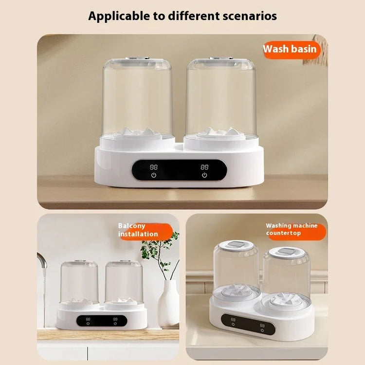 Compact twin-tub portable mini washing machine with digital controls, suitable for countertops or wash basins.