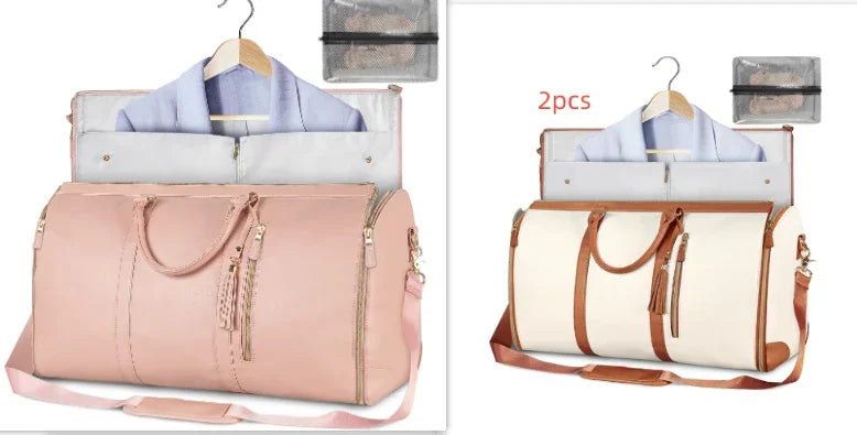 Travel duffel bags in pink and cream with brown straps, shown with garment compartments and an organizer pouch, made from smooth leather material, ideal for stylish streetwear travel.
