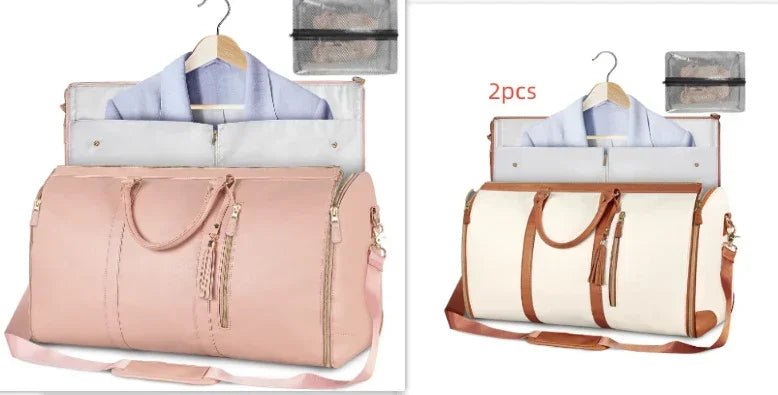 Travel duffel bags in pink and cream with brown straps, shown with garment compartments and an organizer pouch, made from smooth leather material, ideal for stylish streetwear travel.