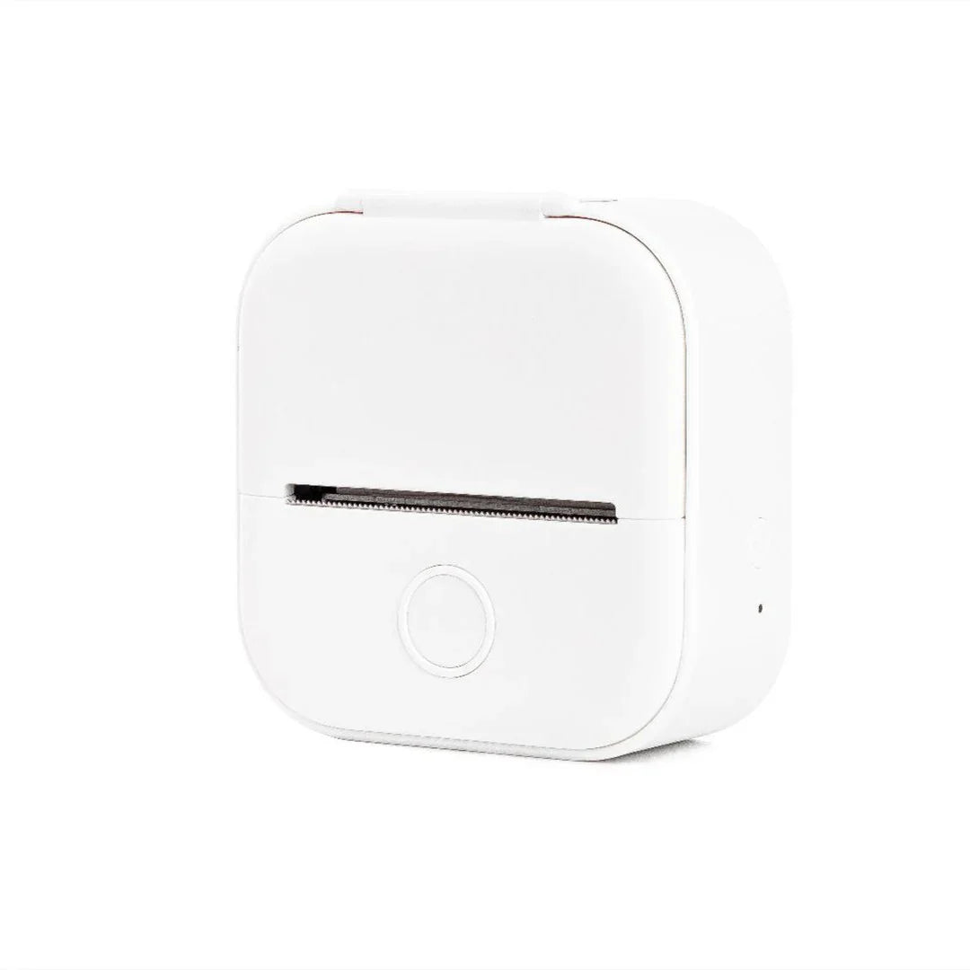 Compact white portable label printer with minimalist design on white background