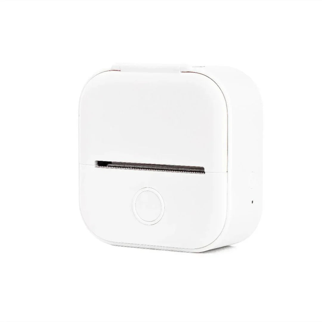 Compact white portable label printer with minimalist design on white background