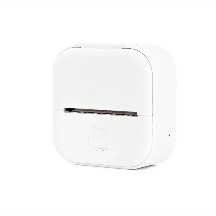 Compact white portable label printer with minimalist design on white background