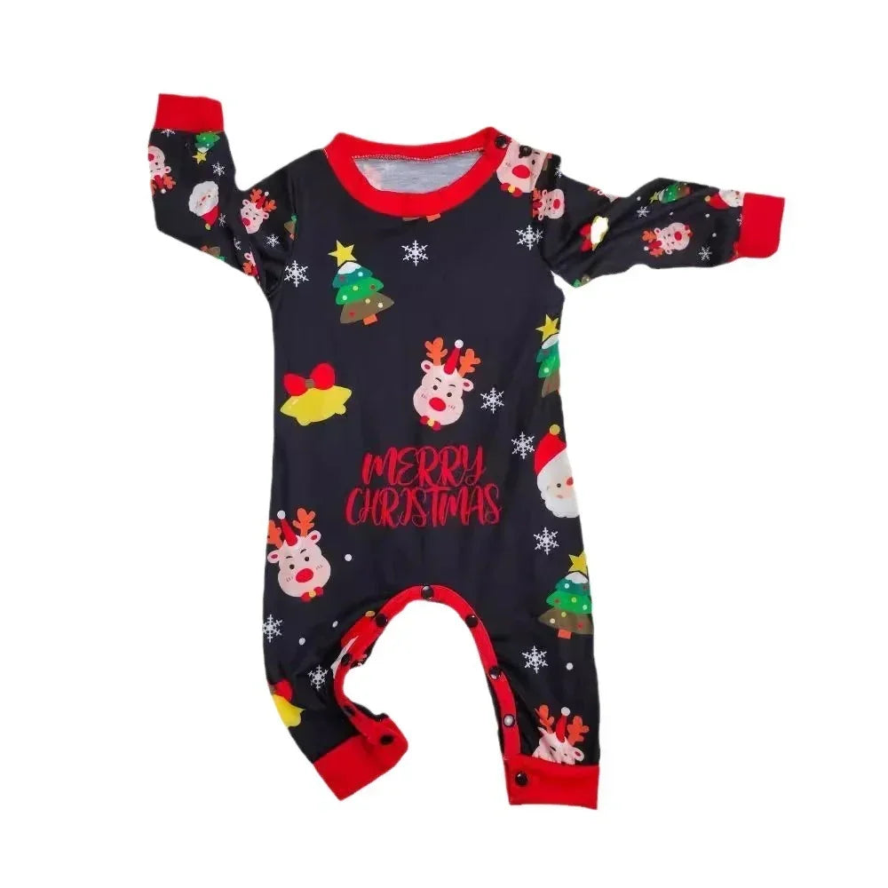 Black Christmas baby romper with red trim, festive holiday print, long sleeves, snap closure