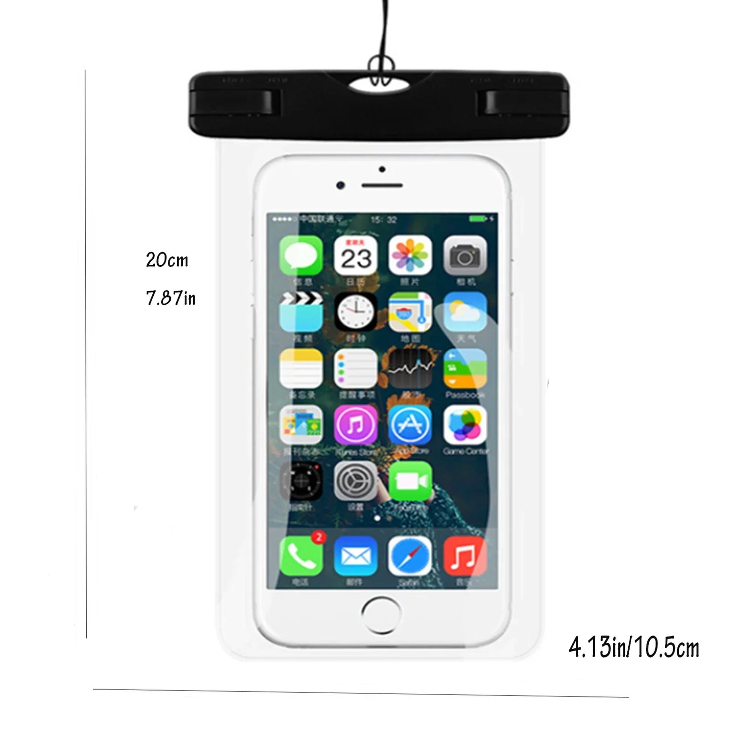 Clear waterproof phone pouch with black seal, fits standard smartphone, displayed with size measurements.