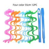 Set of 12 wavy hair curlers in pink, orange, blue, green with blue plastic hooks