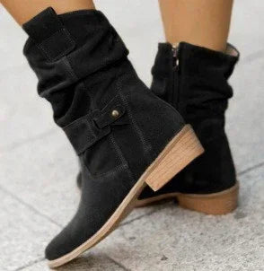 Black suede mid-calf boots with a slouchy fit and light brown low heels, streetwear style