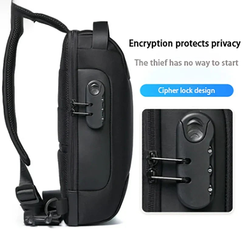 Black anti-theft sling bag with adjustable strap, cipher zipper lock, and sleek techwear design