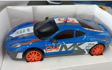 Blue and orange plastic toy sports car with racing decals and orange wheels, displayed in white box