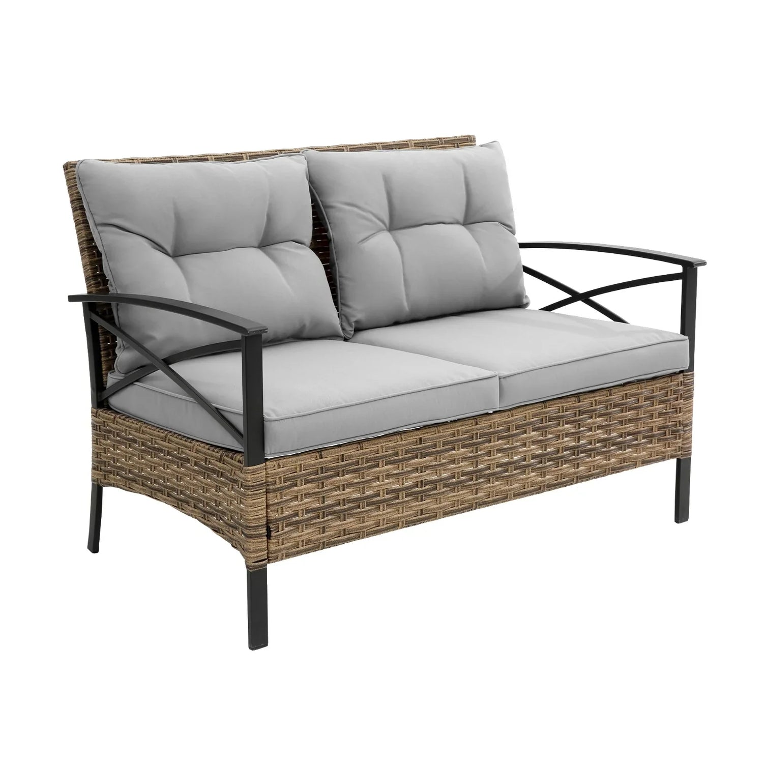 Modern outdoor loveseat with gray cushions, rattan wicker frame, and black metal arms.