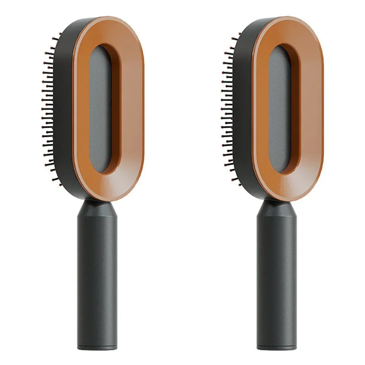 Modern oval hair brush with brown plastic frame, black bristles, and ergonomic handle