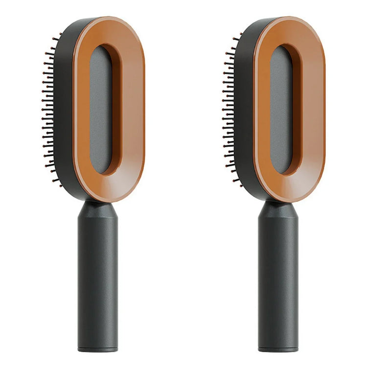 Modern oval hair brush with brown plastic frame, black bristles, and ergonomic handle