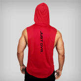 Red sleeveless gym hoodie with bold vertical text, relaxed fit, athletic wear.
