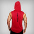 Red sleeveless gym hoodie with bold vertical text, relaxed fit, athletic wear.