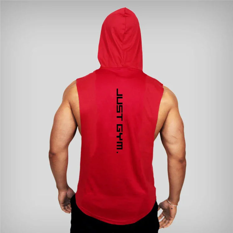 Red sleeveless gym hoodie with bold vertical text, relaxed fit, athletic wear.