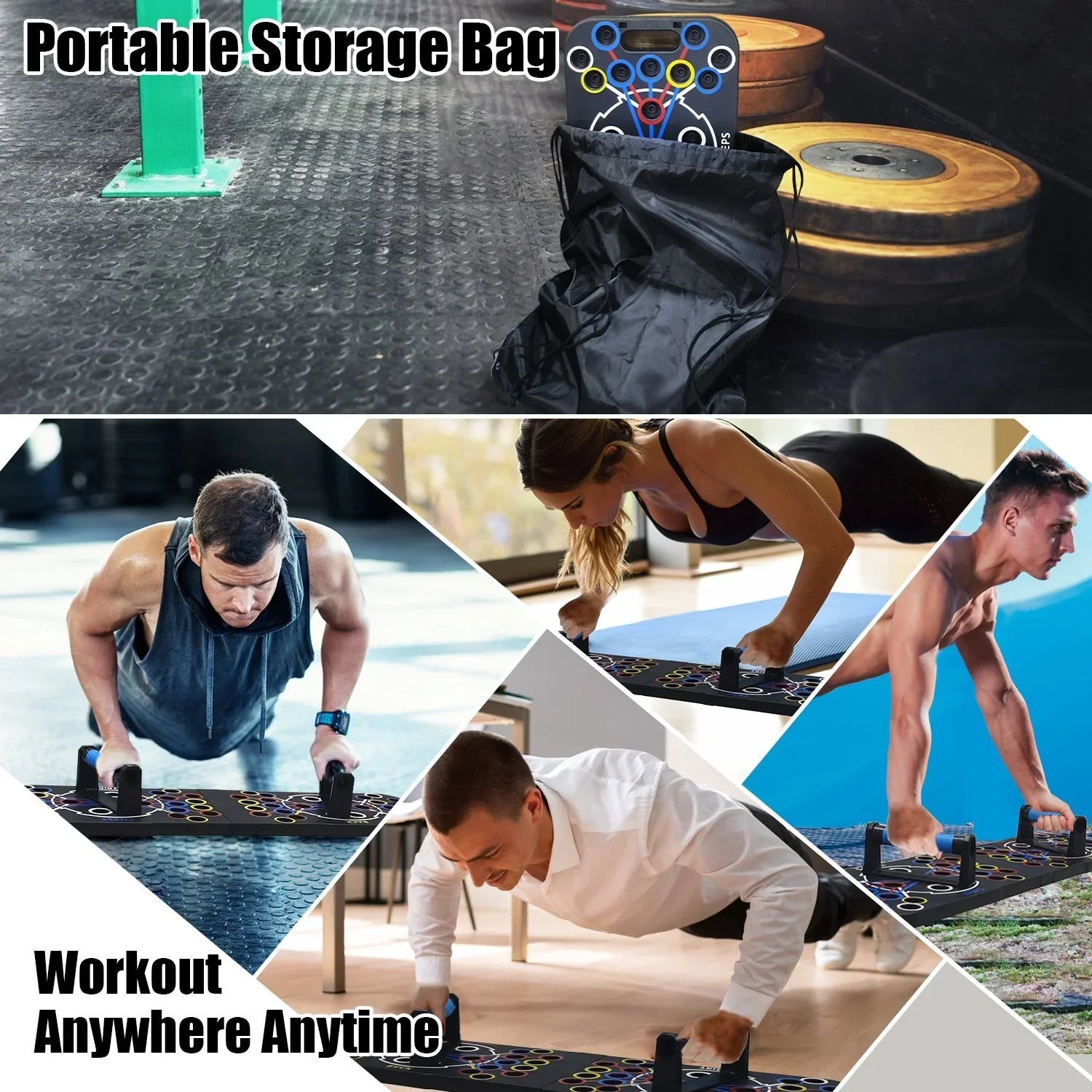 Push up board workout set with portable storage bag, people in fitted activewear using push up handles indoors and outdoors.