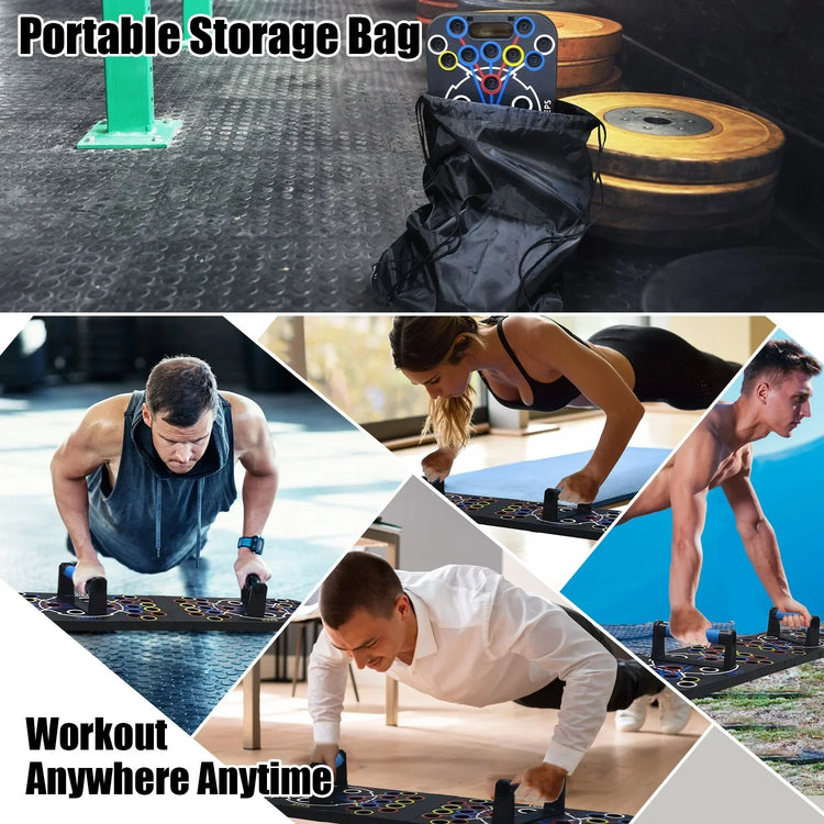 Push up board workout set with portable storage bag, people in fitted activewear using push up handles indoors and outdoors.