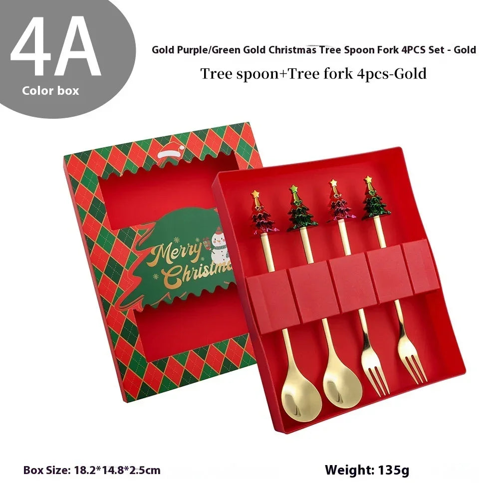 Gold Christmas tree spoon and fork set in festive red gift box, holiday cutlery.