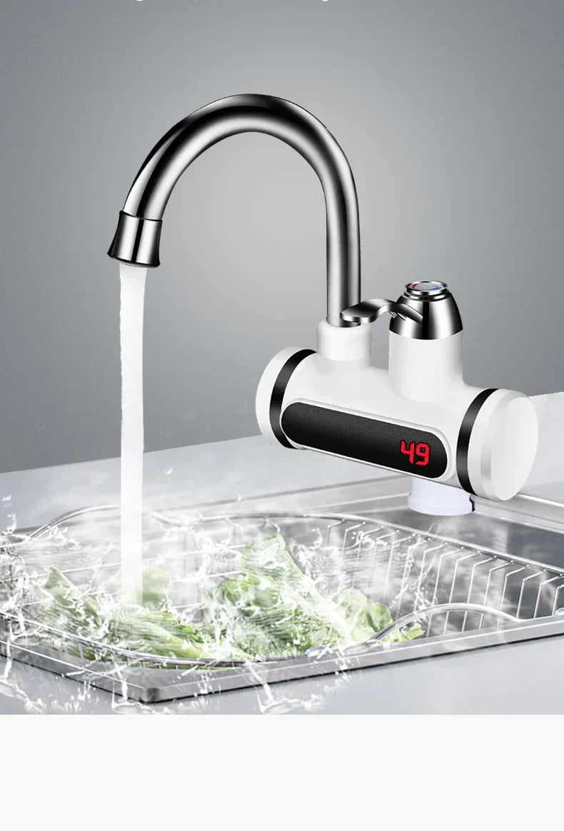 Modern kitchen faucet with digital temperature display, stainless steel finish, running water.