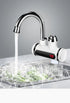 Modern kitchen faucet with digital temperature display, stainless steel finish, running water.