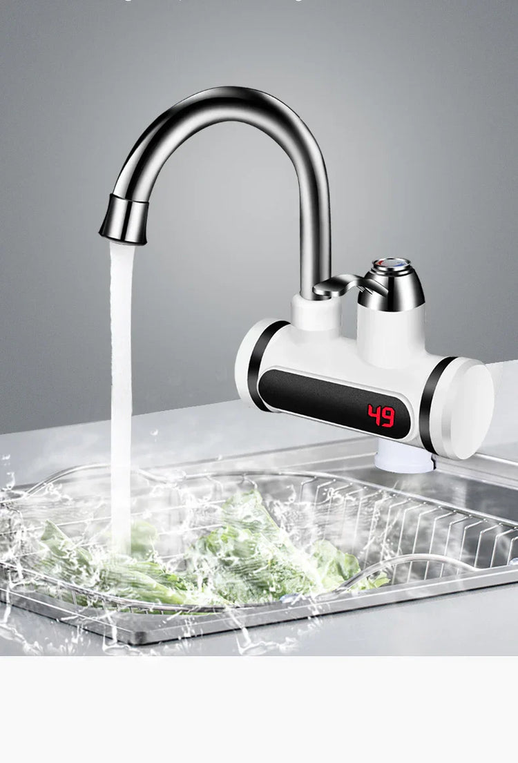 Modern kitchen faucet with digital temperature display, stainless steel finish, running water.