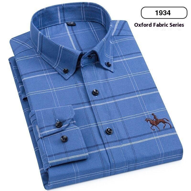 Blue plaid button-down oxford shirt with embroidered horse, modern fit, cotton fabric.
