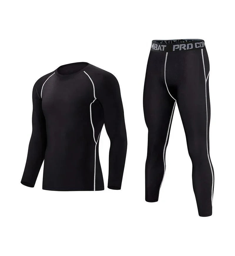 Black fitted long sleeve athletic top and leggings set with white stitching, stretchy material