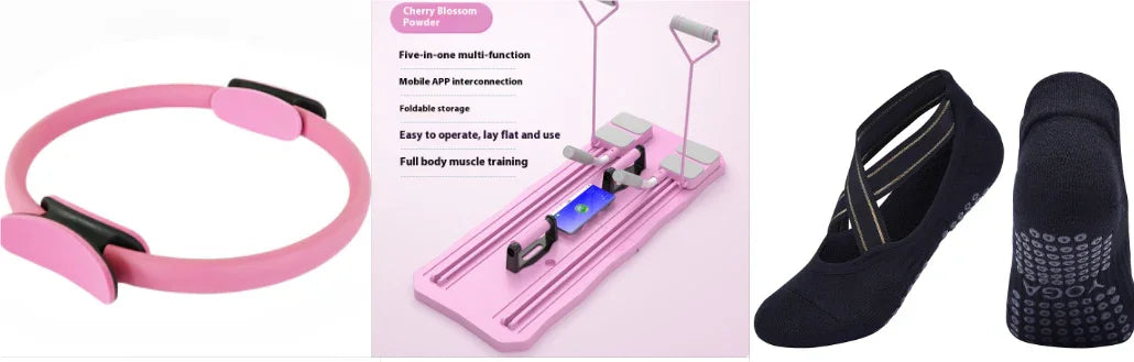 Pink exercise ring, pink foldable fitness board, and black non-slip ballet socks on white background.