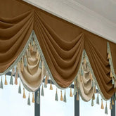 Brown and beige velvet draped valance with tassel trim, elegant window curtain decor