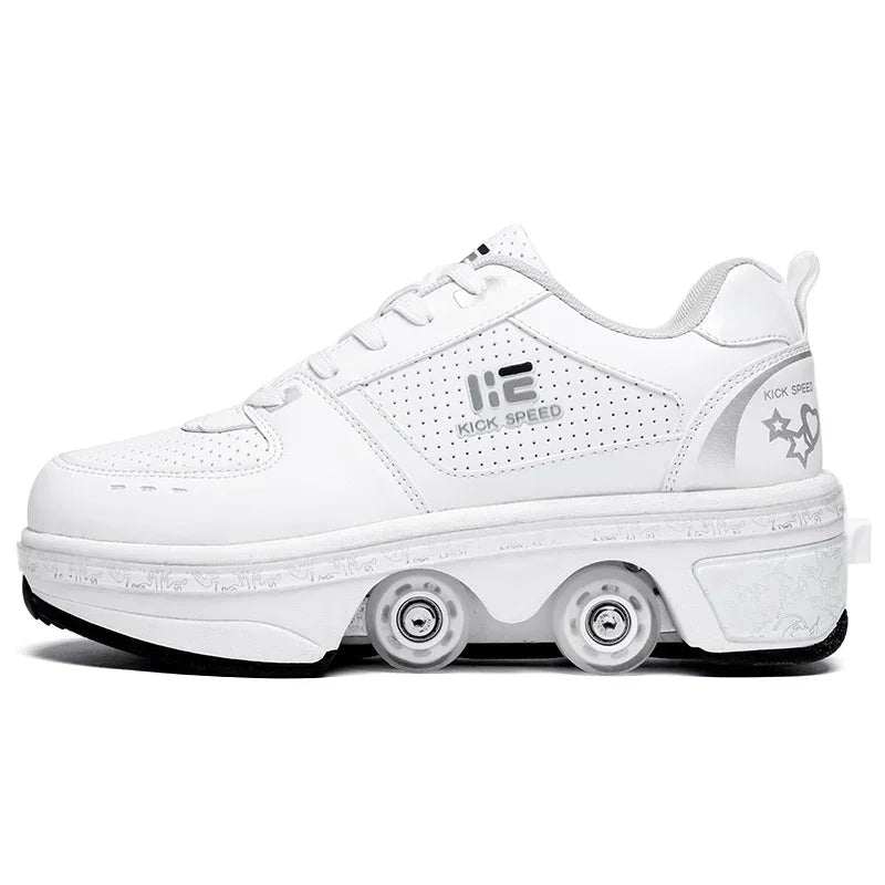 White leather sneaker with built-in roller wheels, perforated panels, and chunky sole.
