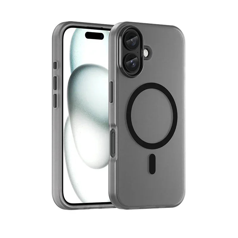 Matte gray MagSafe-compatible iPhone case with black circular design, slim fit
